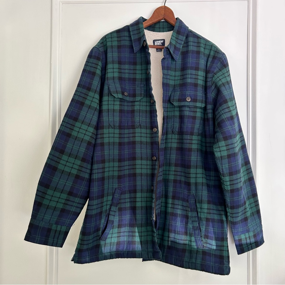 Men’s Lands' End Green and Blue Plaid Shirt Jacket Shaket
